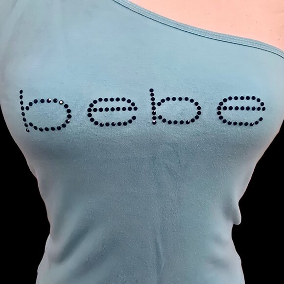 Bebe One-Shoulder Rhinestone Tank | Sky Blue Y2K Logo Diva XS - Picture 8 of 10